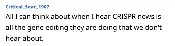 Text post discussing thoughts on gene editing and CRISPR news related to Down Syndrome scientific advances.