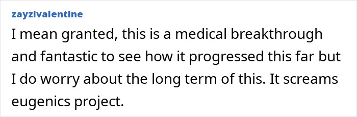 User comment expressing hope about medical breakthrough but concerns about long-term effects and eugenics related to gene editing.