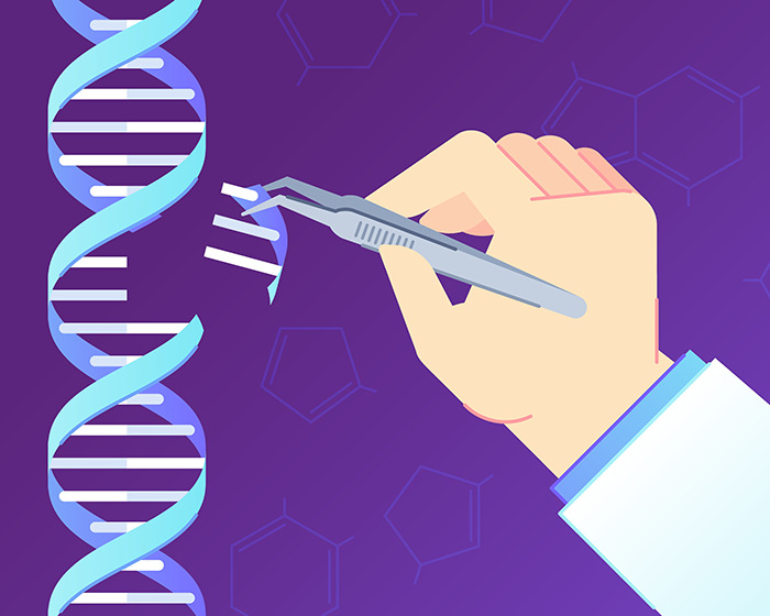 Hand holding tweezers editing DNA strand, representing scientists curing Down Syndrome with gene editing advances.