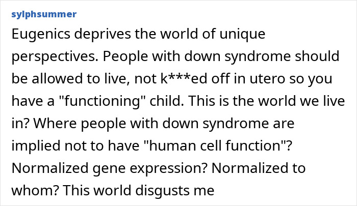 Commenter expressing strong opinion against eugenics and advocating for rights of people with Down syndrome.