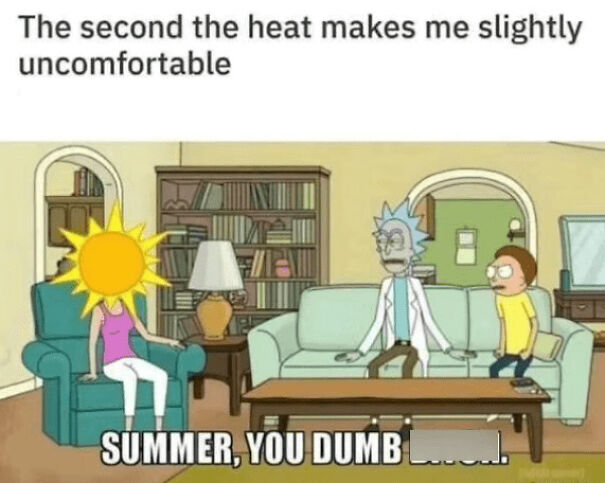 Cartoon characters reacting to heat with sun-faced figure, highlighting funny summer memes about discomfort in hot weather.