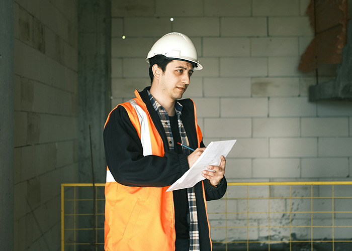 Man in a white helmet and orange vest taking notes at a construction site, hiding secrets people pray parents never find out - 4