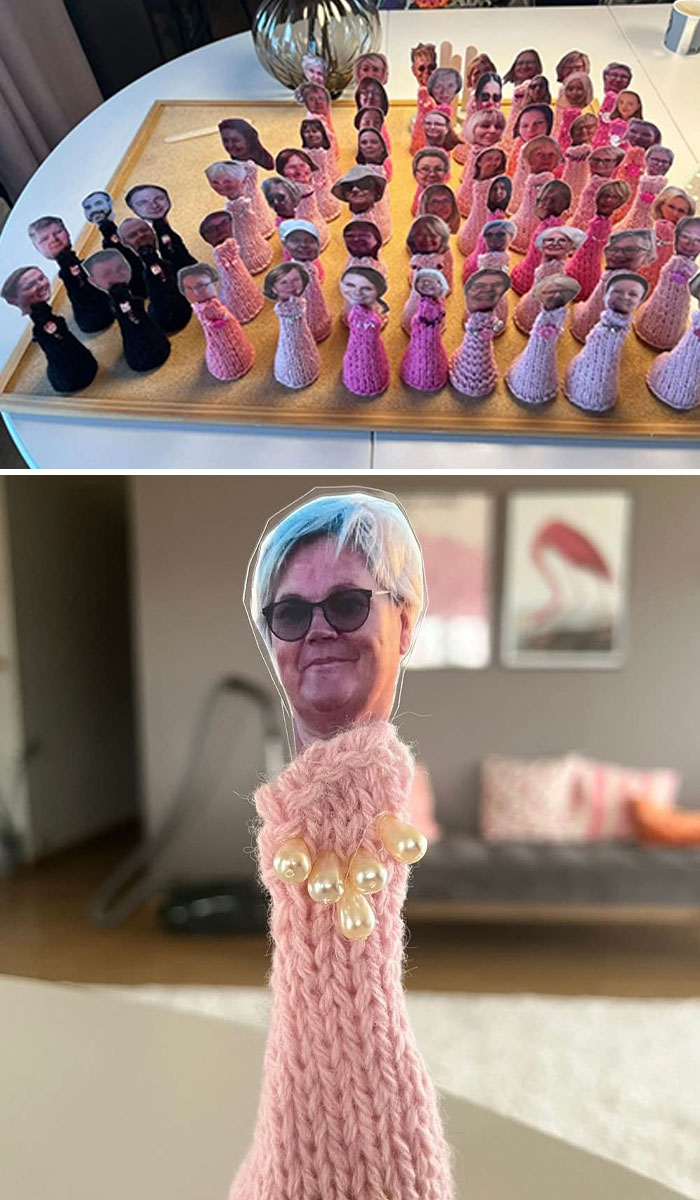 Crocheted chess pieces with printed faces, showcasing a humorous example of horrible crafts shamed by netizens online.
