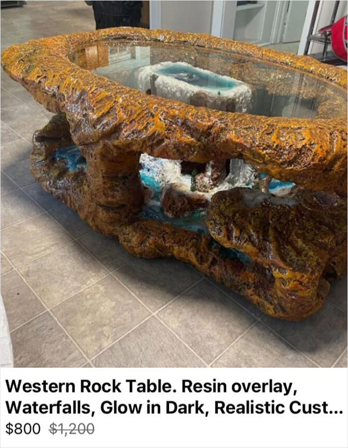 Handmade rock table with resin overlay and waterfalls, an example of horrible crafts netizens shamed online.
