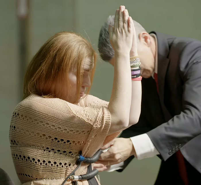 Shannon Price taking a lie detector test, with a technician attaching sensors during a tense moment. Shannon Price taking a lie detector test, with a technician attaching sensors during a tense moment.