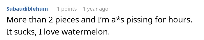 User comment about side effects eating watermelon, mentioning frequent urination after consuming more than two pieces. - 9