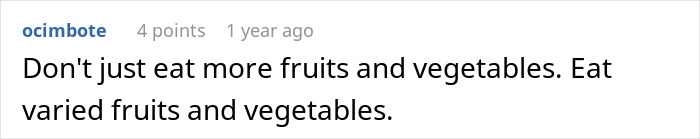 Text post discussing the importance of eating varied fruits and vegetables to avoid side effects from eating watermelon. - 22