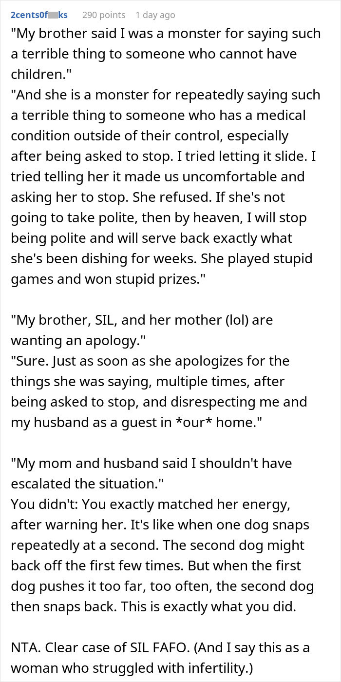 Screenshot of a Reddit post discussing SIL shares stats on men leaving sick wives and infertility statistics in a family dispute. - 22