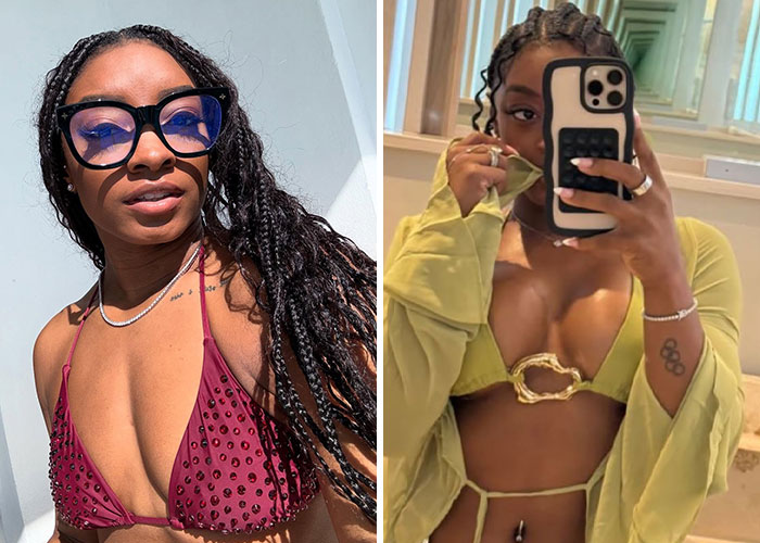 Simone Biles in two bikini photos, showcasing her appearance that sparks plastic surgery speculation online.