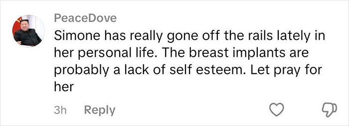 Comment about Simone Biles sparking plastic surgery and retirement rumors with a new look on vacation.