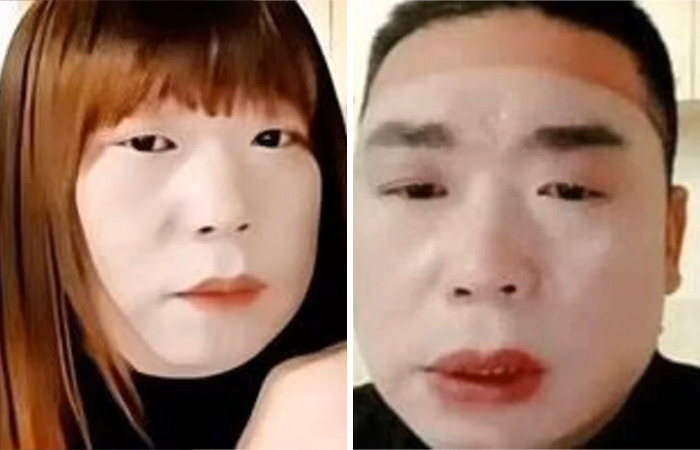 Split image showing a person posing as a woman and a man, related to viral predator Sister Hong secretly filming intimate encounters.