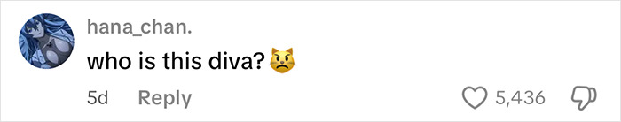 Social media comment asking who the diva is, with a cat emoji and over 5,400 likes shown.