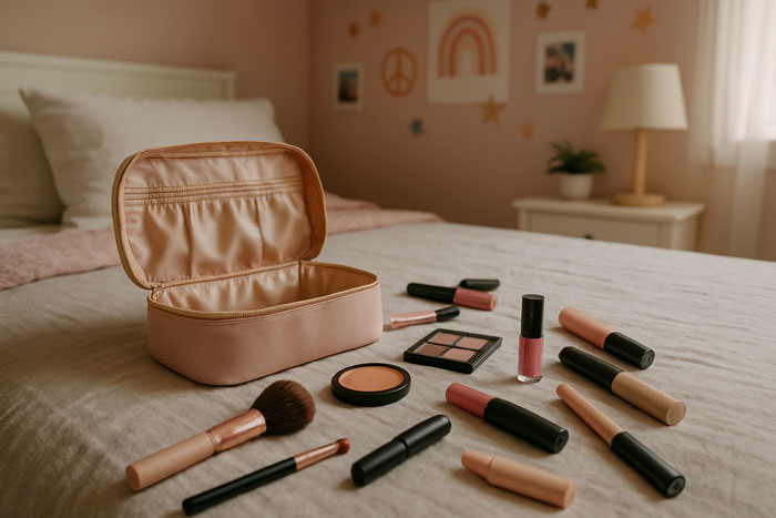 Makeup brushes and cosmetics scattered on a bed with an open pink case in a cozy teenager's bedroom. - 12