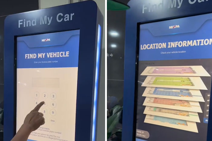 Interactive find my car kiosk with vehicle location maps and license plate input for genius parking solutions.