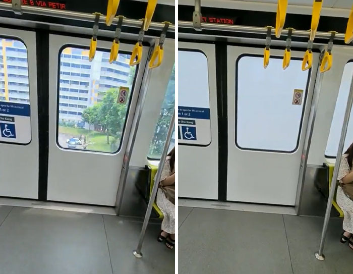 Interior of a train with yellow hand grips and large windows, showcasing a clever travel solution idea.
