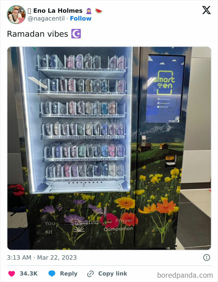 Vending machine with prayer kits and travel companions, showcasing genius solutions to overlooked problems.