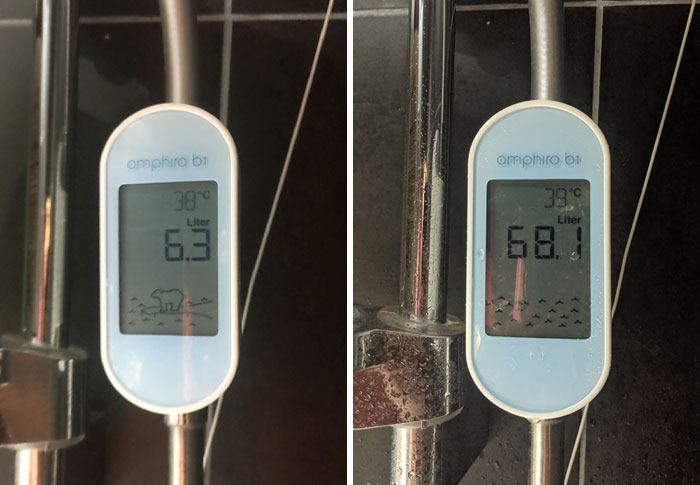 Digital water flow meters showing temperature and liter readings, illustrating genius solutions for overlooked home problems.