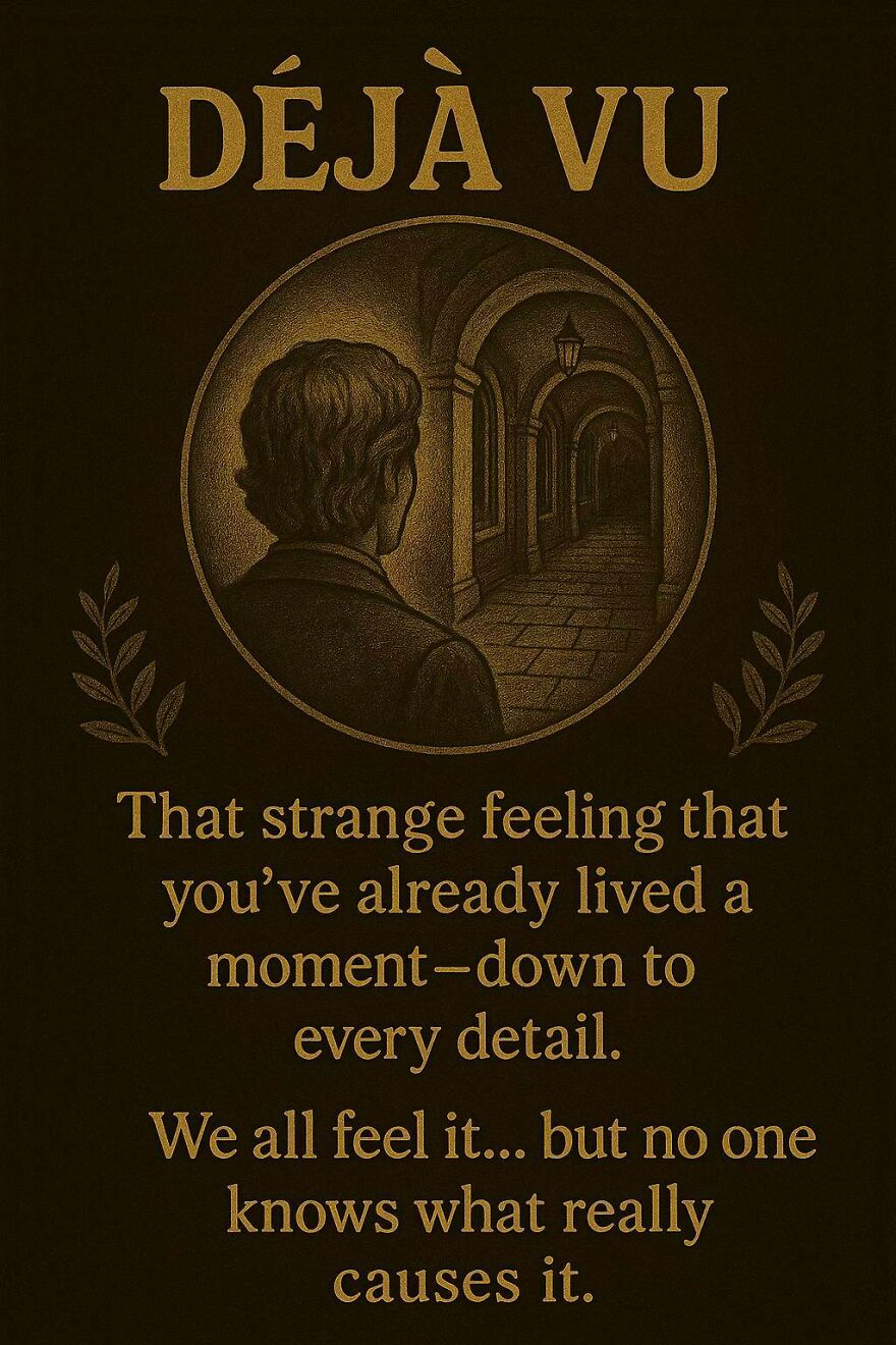Illustration of déjà vu with a person and a corridor, highlighting a mysterious question scientists and philosophers still can't answer.