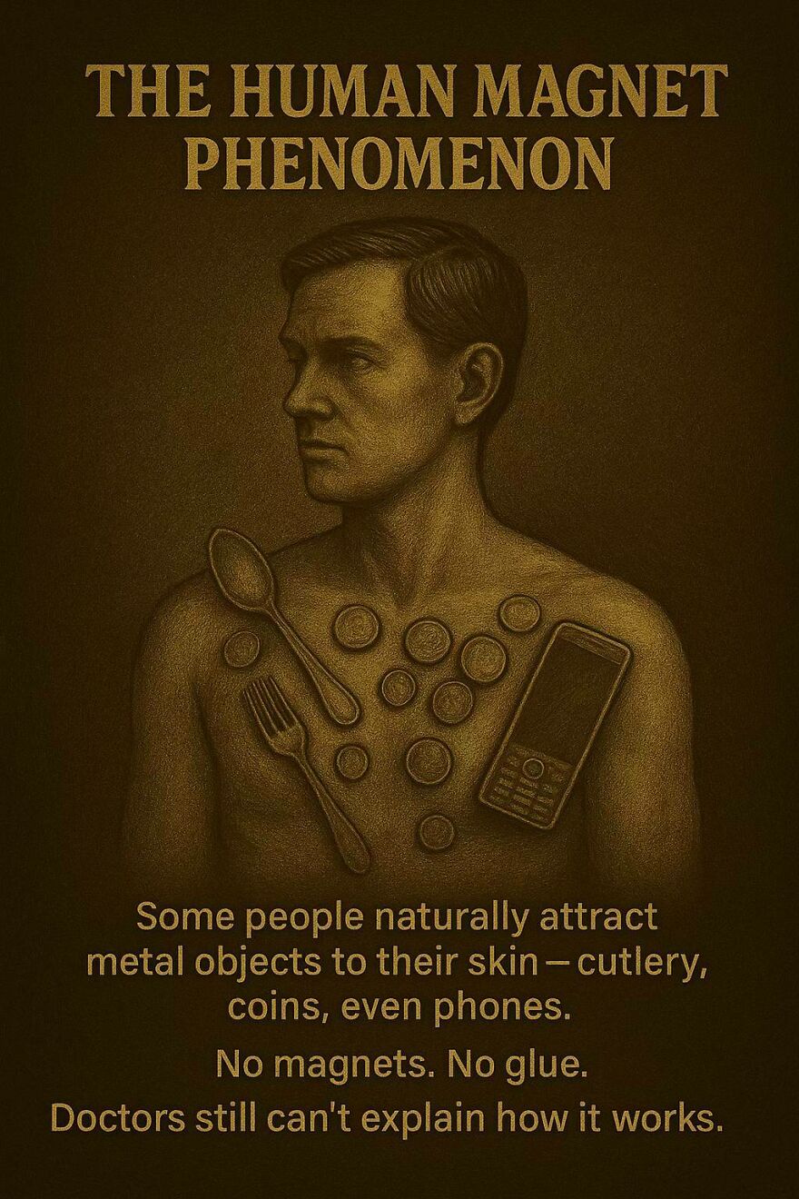 Illustration of the human magnet phenomenon, showing metal objects sticking to skin, a mysterious question scientists still can’t answer.