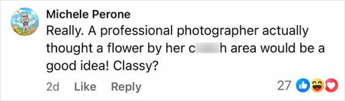 Comment by Michele Perone questioning the professionalism of a photographer using a flower to cover a sensitive area in a photo. Comment by Michele Perone questioning the professionalism of a photographer using a flower to cover a sensitive area in a photo.