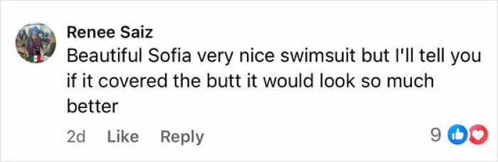 Comment from Renee Saiz praising Sofia Vergara's swimsuit but suggesting better coverage for the butt in a social media post. Comment from Renee Saiz praising Sofia Vergara's swimsuit but suggesting better coverage for the butt in a social media post.
