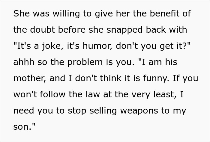 Text excerpt showing a mother confronting a gaming store about selling swords to her son, expressing concern and demanding action. - 9