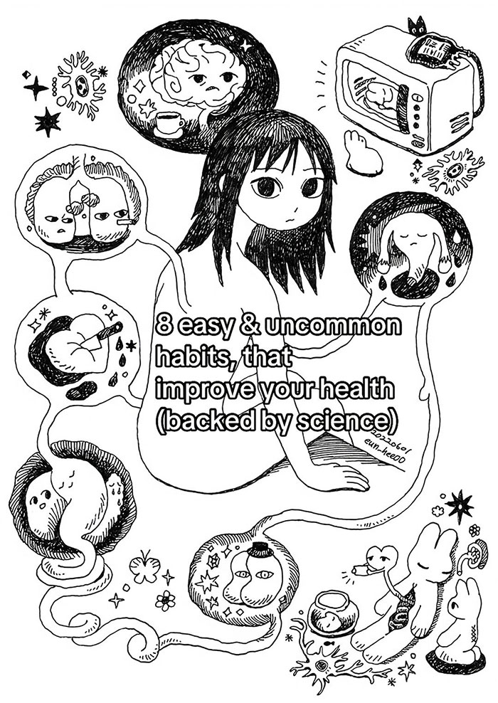 Black and white illustration of a girl surrounded by surreal images representing weird habits that improve mental and physical health.