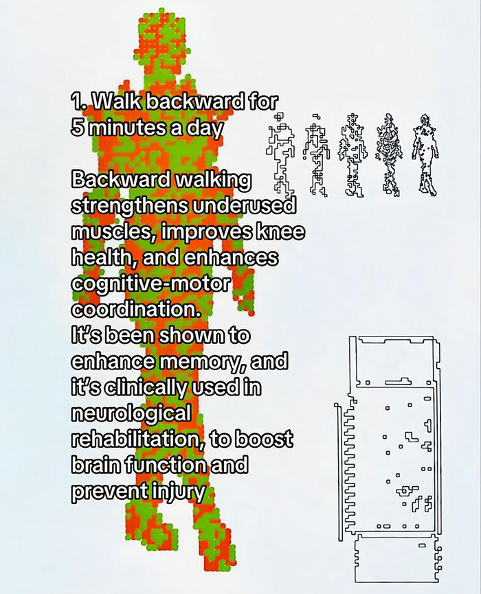 Pixelated figure walking backward with text explaining backward walking benefits for mental and physical health improvement.