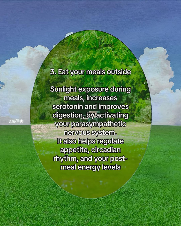 Alt text: Eating meals outside for sunlight exposure boosts serotonin and activates the parasympathetic nervous system for better health.