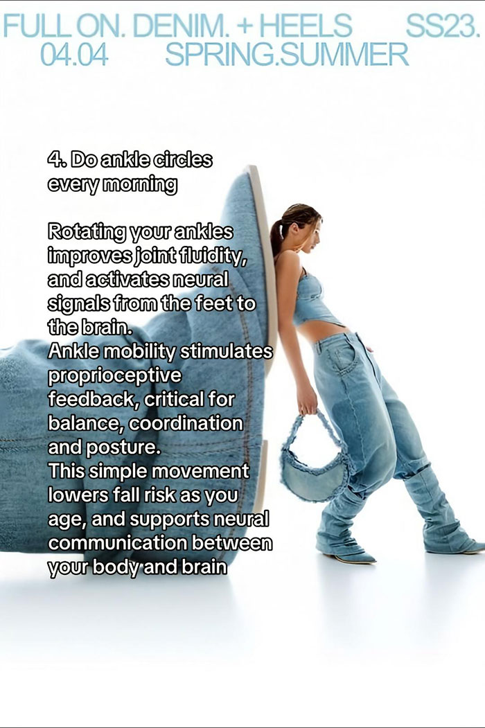 Woman in denim leaning against oversized shoe, illustrating ankle circles to improve mental and physical health.