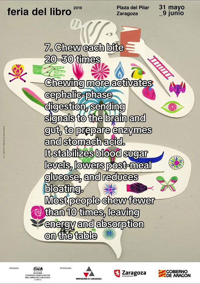 Abstract figure with colorful symbols and text about chewing habits, related to weird habits improving mental and physical health.