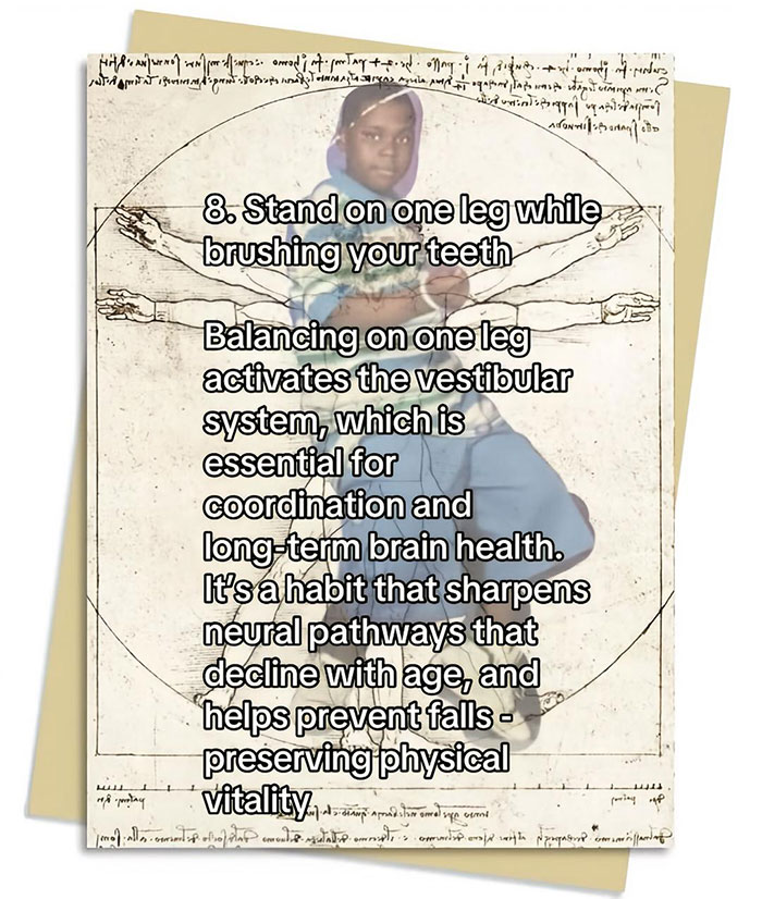 Person balancing on one leg brushing teeth, demonstrating weird habits that might improve mental and physical health.