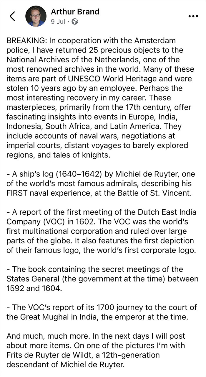 Arthur Brand shares update on stolen historic documents recovered after 10 years, detailing rare 17th-century archives and reports. - 2