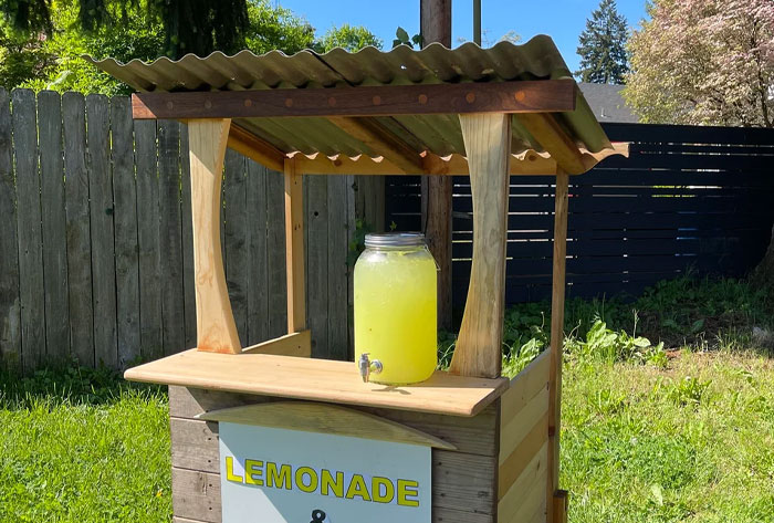 Lemonade stand in a sunny backyard representing childhood memories from stories that were really messed up.