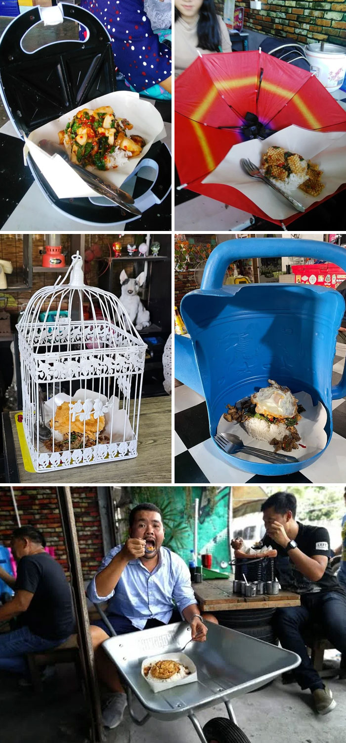Unholy meal presentations served in unusual containers like umbrellas, birdcages, watering cans, and wheelbarrows.