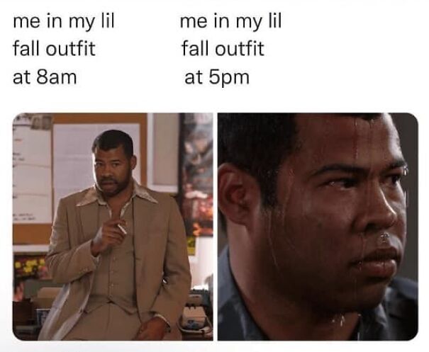 Man in fall outfit looking calm at 8am then sweating heavily and stressed at 5pm, funny summer memes concept.