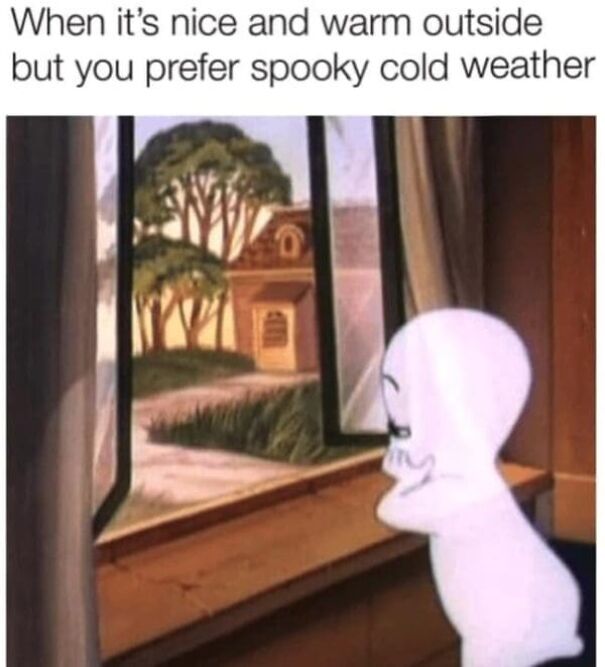 Cartoon ghost looking out window on a warm day, humorously preferring spooky cold weather, summer memes theme.