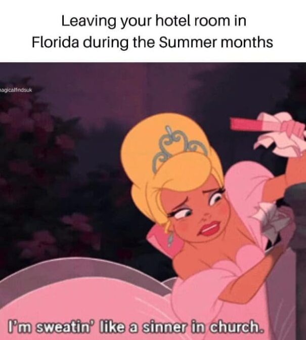 Cartoon woman sweating and struggling to leave hotel room during summer, highlighting funny summer memes about hot weather struggles.