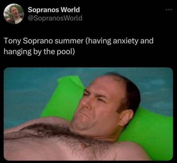 Funny summer meme featuring Tony Soprano looking anxious while lying on a float in a pool.