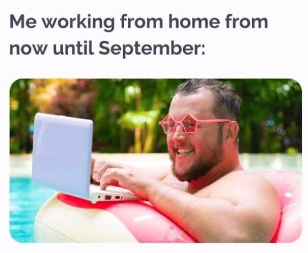 Man wearing star-shaped sunglasses, working on laptop in pool, humorously representing funny summer memes about working outside.