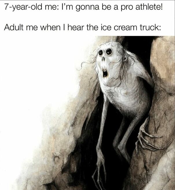Funny summer meme showing a spooky figure emerging from a cave with text about childhood dreams vs adult ice cream cravings.