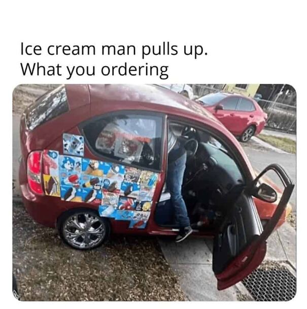 Person standing next to a car covered with ice cream images, illustrating funny summer memes about enjoying being outside.