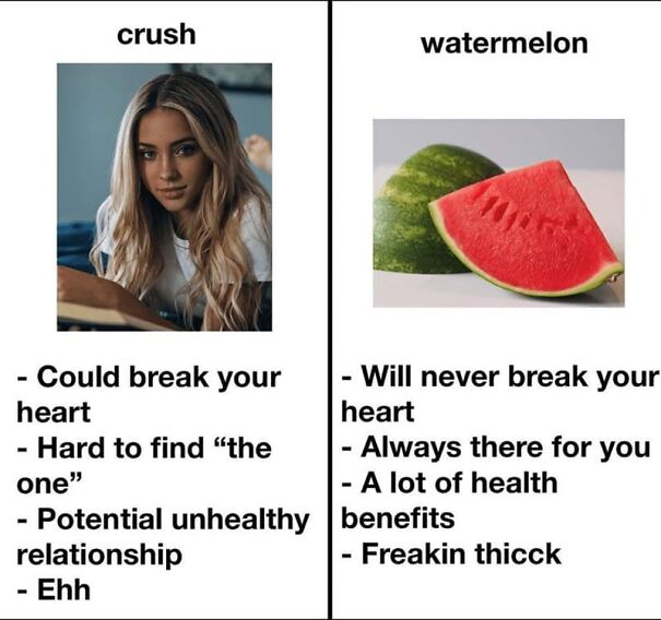 Comparison meme showing a woman's photo labeled crush with relationship risks versus a watermelon with health benefits, funny summer memes.