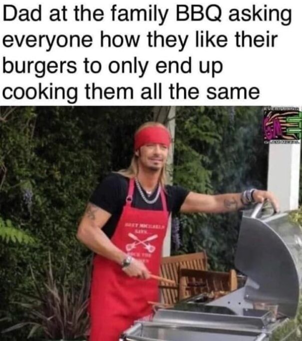 Man wearing red apron and headband grilling burgers at a family BBQ in a funny summer meme about cooking.