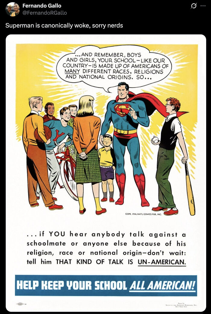 Vintage comic panel of Superman addressing diverse children about inclusion and unity, related to woke Superman reboot.