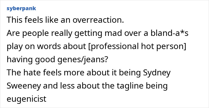 Comment discussing Sydney Sweeney woke scandal and controversy over ad accused of praising ethnic cleansing. Comment discussing Sydney Sweeney woke scandal and controversy over ad accused of praising ethnic cleansing.