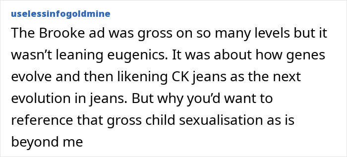 User comment discussing the backlash around Sydney Sweeney woke scandal and ethnic cleansing accusations in a new ad. User comment discussing the backlash around Sydney Sweeney woke scandal and ethnic cleansing accusations in a new ad.