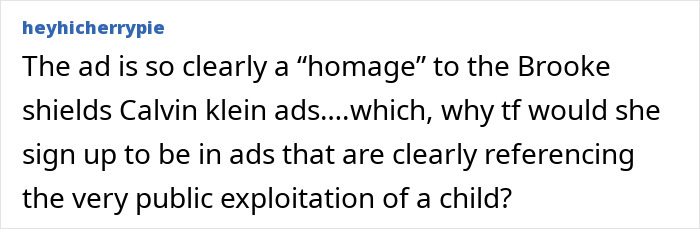 Screenshot of online comment criticizing an ad linked to Sydney Sweeney woke scandal and accusations of praising ethnic cleansing. Screenshot of online comment criticizing an ad linked to Sydney Sweeney woke scandal and accusations of praising ethnic cleansing.