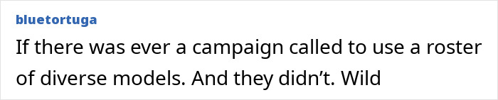 Text post from bluetortuga expressing skepticism about a campaign's use of a diverse model roster amid Sydney Sweeney woke scandal. Text post from bluetortuga expressing skepticism about a campaign's use of a diverse model roster amid Sydney Sweeney woke scandal.