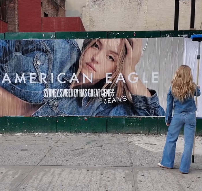 Sydney Sweeney posing in front of an American Eagle jeans billboard sparked woke scandal over ethnic cleansing claims. Sydney Sweeney posing in front of an American Eagle jeans billboard sparked woke scandal over ethnic cleansing claims.